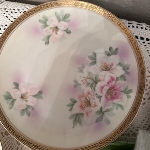 Vintage Floral Porcelain Plate with Gold Accent